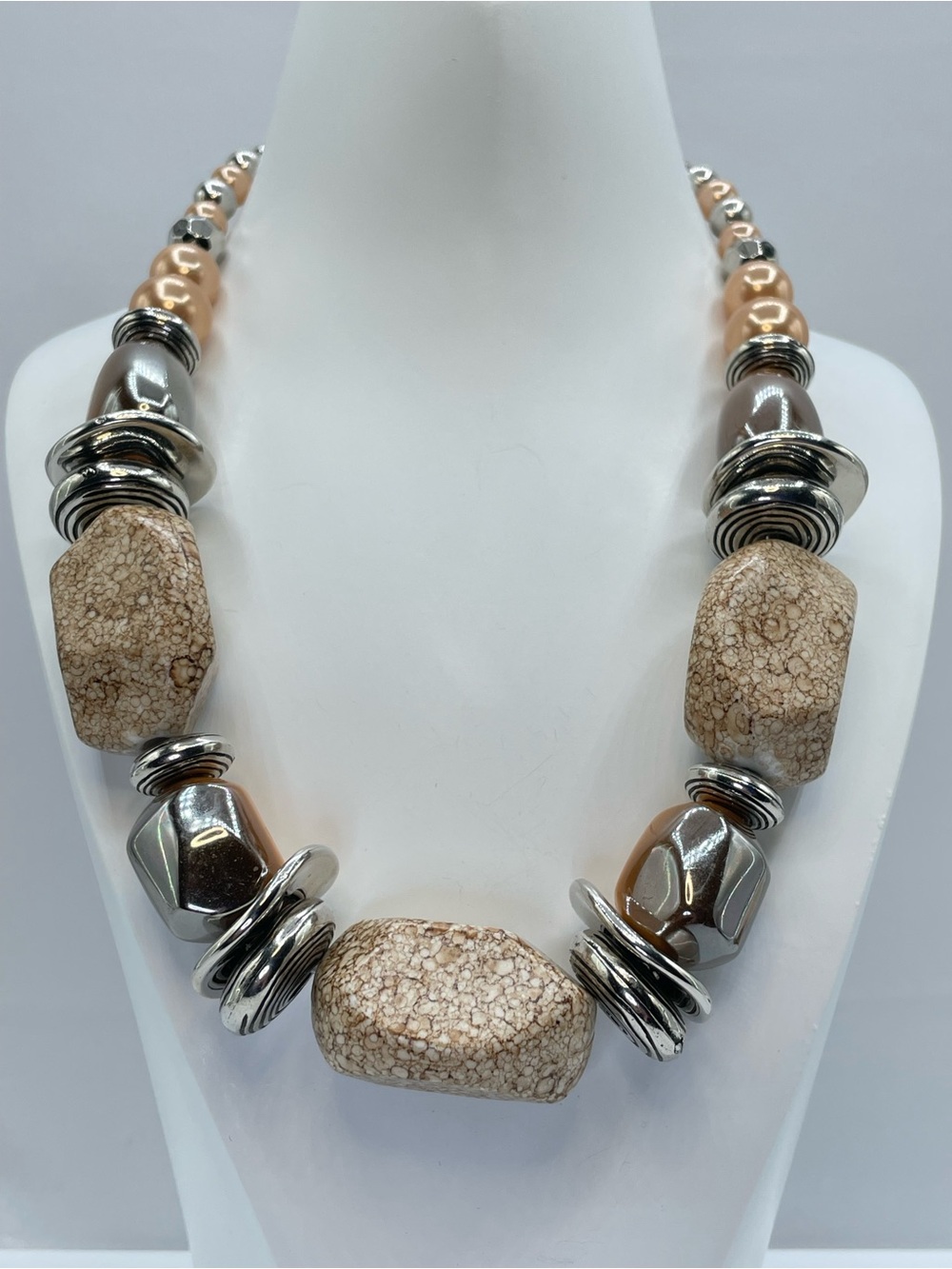 Silver Tone Brown Cream Acrylic Beaded Chunky Statement Necklace